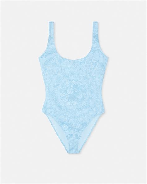 versace blue swimsuit|Versace barocco bikini.